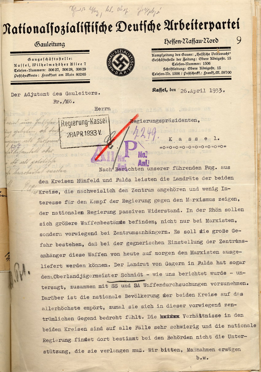 Beschwerde NSDAP (1) Bild zum Dokument Beschwerde der NSDAP über die Landräte von Hünfeld und Fulda,