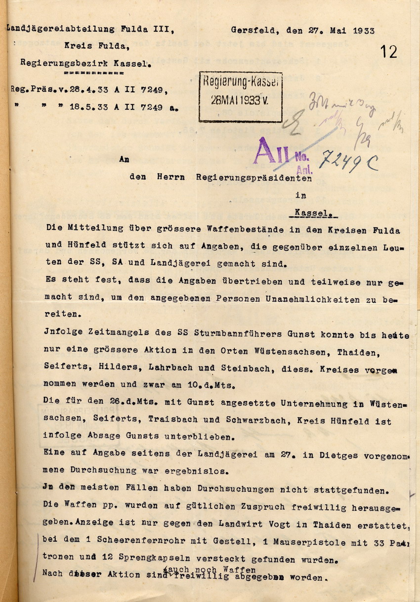 Bericht Schmidt 27.5.1933 (1) Bild zum Dokument Bericht des Oberlandjägermeister Schmidt über die Durchsuchung
