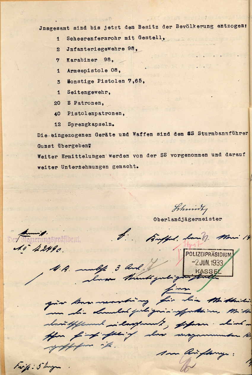 Bericht Schmidt 27.5.1933 (2) Bild zum Dokument Bericht des Oberlandjägermeister Schmidt über die Durchsuchung