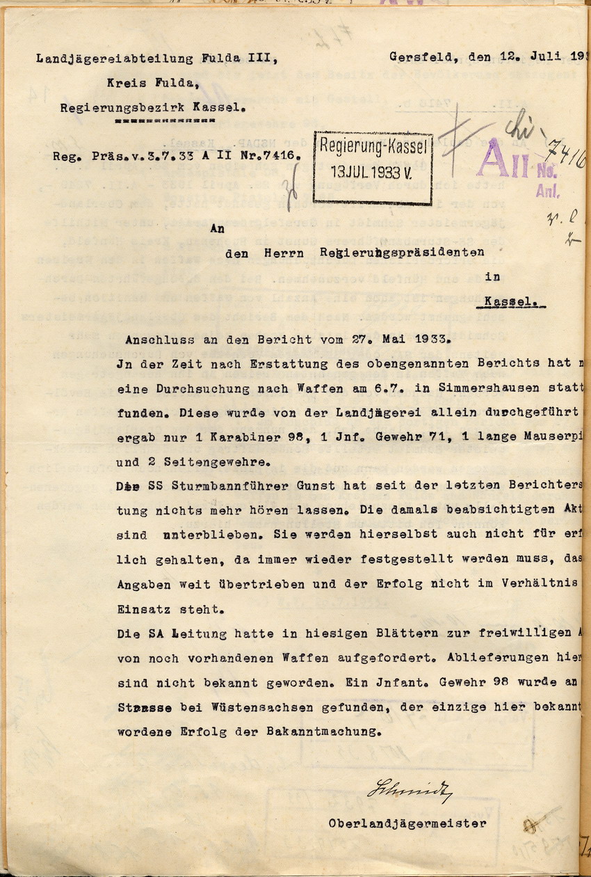 Bericht Schmidt 12.7.1933 Bild zum Dokument Bericht des Oberlandjägermeister Schmidt über die Durchsuchung