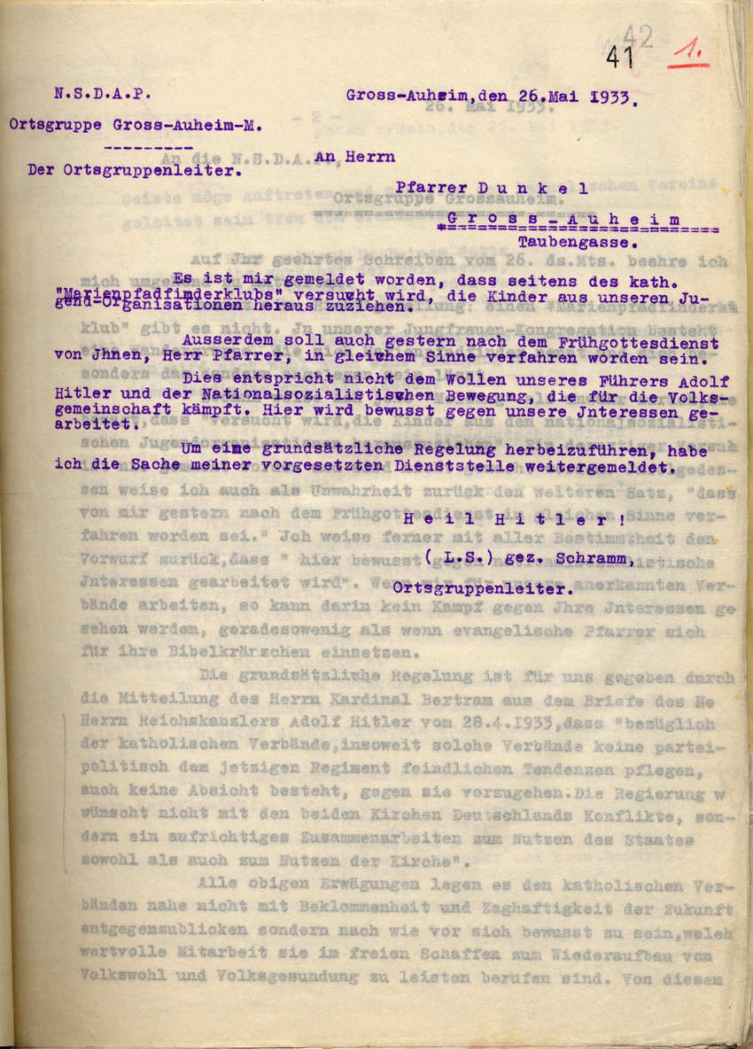 Beschwerde NSDAP Bild zum Dokument Beschwerde der NSDAP in Gross-Auheim über den dortigen Pfarrer