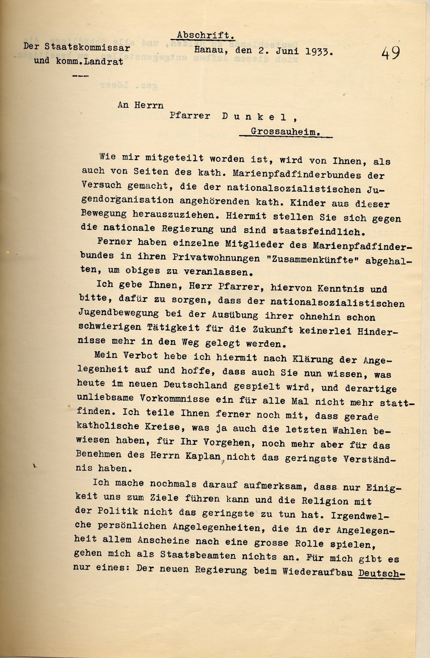 Anweisung Landrat (1) Bild zum Dokument Anweisung des Landrates an den Pfarrer in Zukunft die Hitlerju