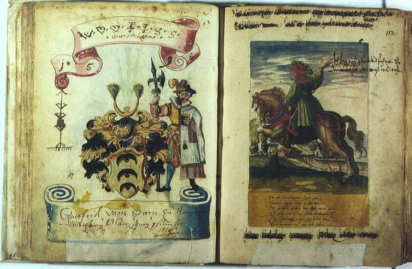 Stammbuch der Familie von der Tann mit Abbildung des Wappens Gottfrieds von Stain, Domherr zu Bamberg, Würzburg und Augsburg und der Darstellung eines Jägers zu Pferd, Ende 16. Jahrhundert