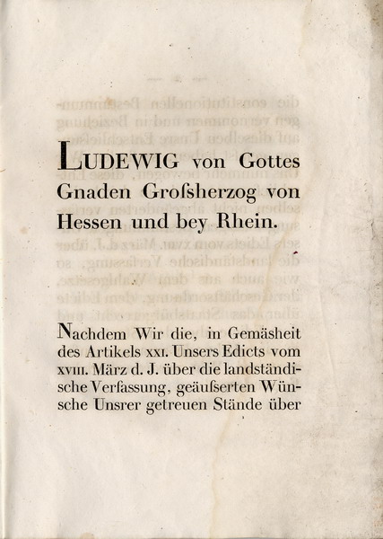 Festdruck der Verfassung des Großherzogtums Hessen (1820),  Gießen 1822