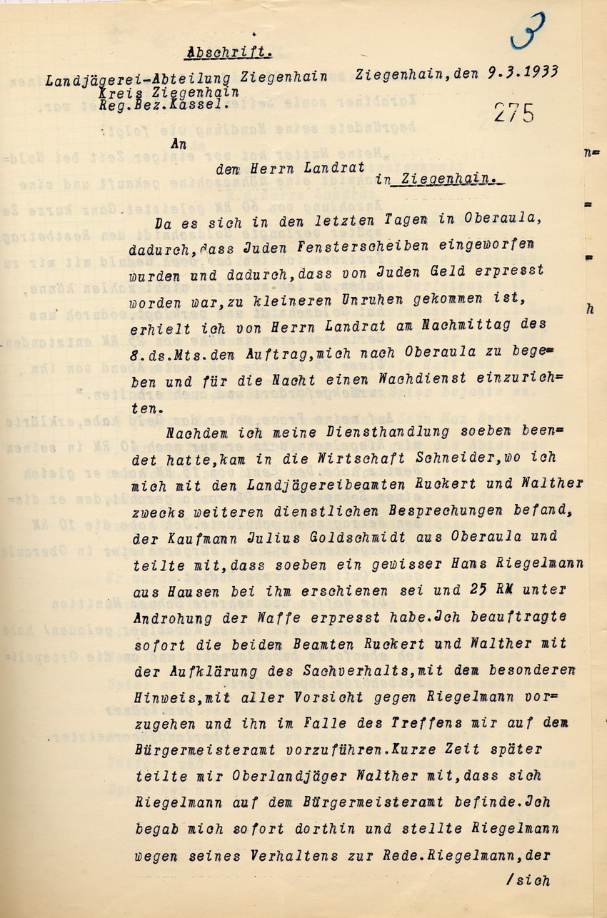 Bericht (1) Bild zum Dokument Bericht der Polizei über die Erpressung eines jüdischen Mitbür