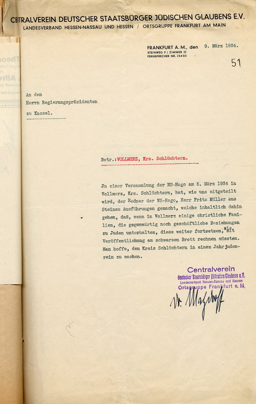 Eingabe Vollmerz Bild zum Dokument Eingabe des Centralvereins deutscher Staatsbürger jüdischen Gl