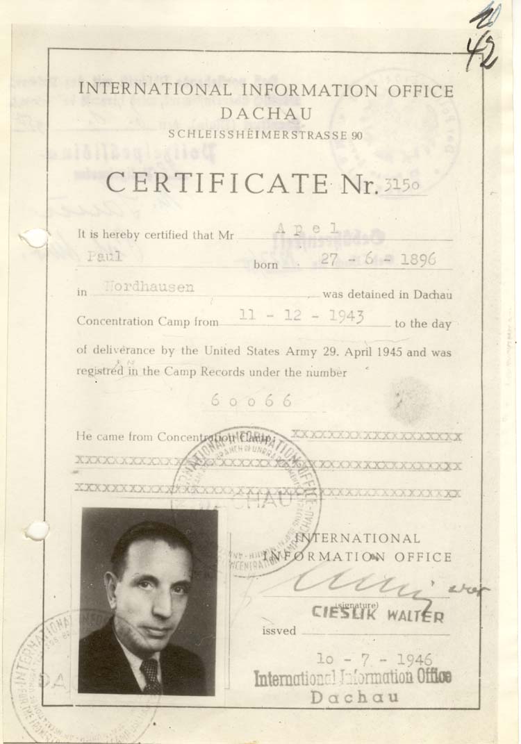Amtliche Bestätigung über den KZ-Aufenthalt von Paul Apel aus dem Jahre 1946