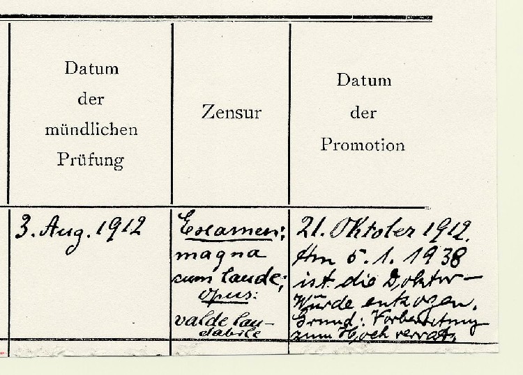 Bild zum Dokument Zeugnis mit Vermerk der Entziehung der Doktorwürde vom 5.1.19