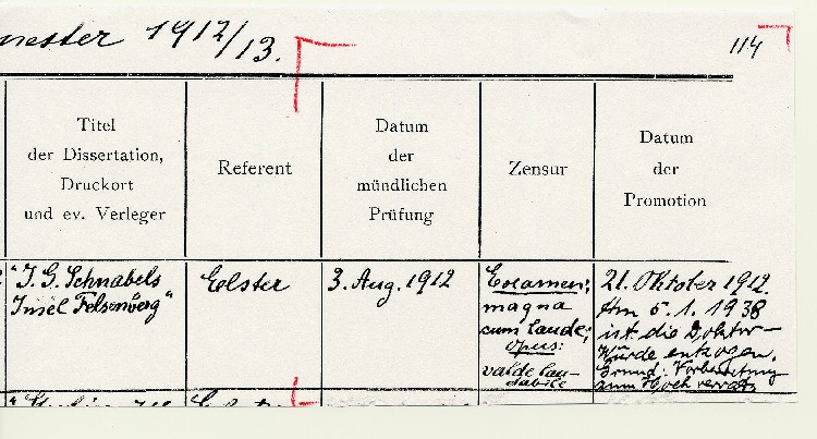 Bild zum Dokument Zeugnis mit Vermerk der Entziehung der Doktorwürde vom 5.1.19