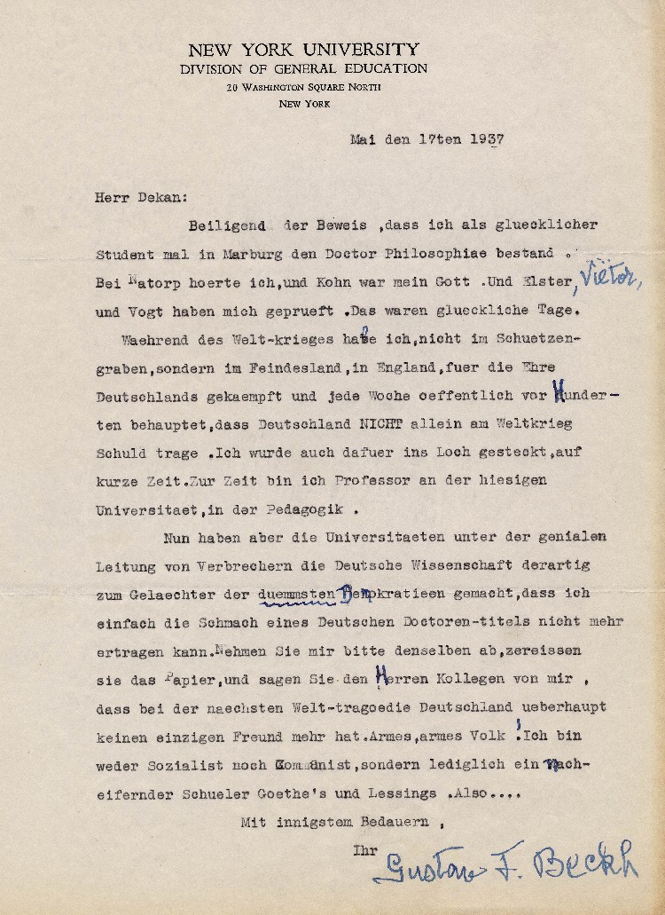 Bild zum Dokument Brief von Gustav F. Beckh an den Dekan der Marubrger Universit