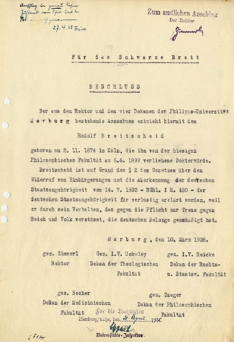 Bild zum Dokument Beschluss über die Entziehung der Doktorwürde des Rudolf Breit