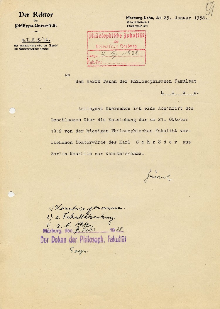 Bild zum Dokument Schreiben an den Dekan der Philosophischen Fakultät in Marburg