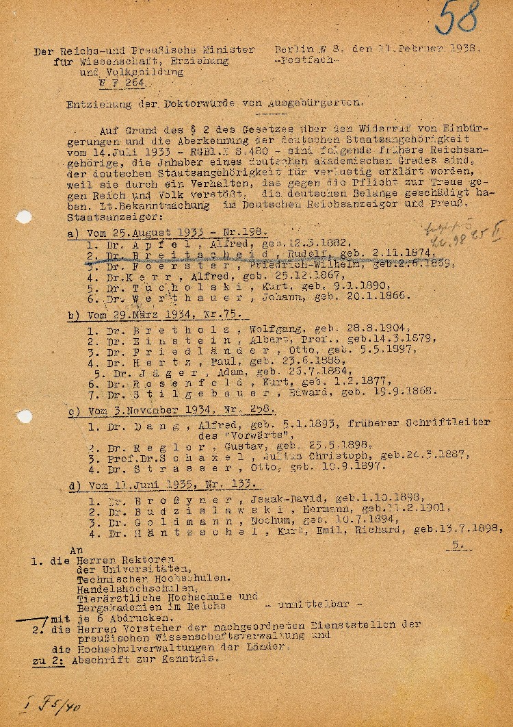Bild zum Dokument Rundbrief betr. die Entziehung der Doktorwürde von Ausgebürger