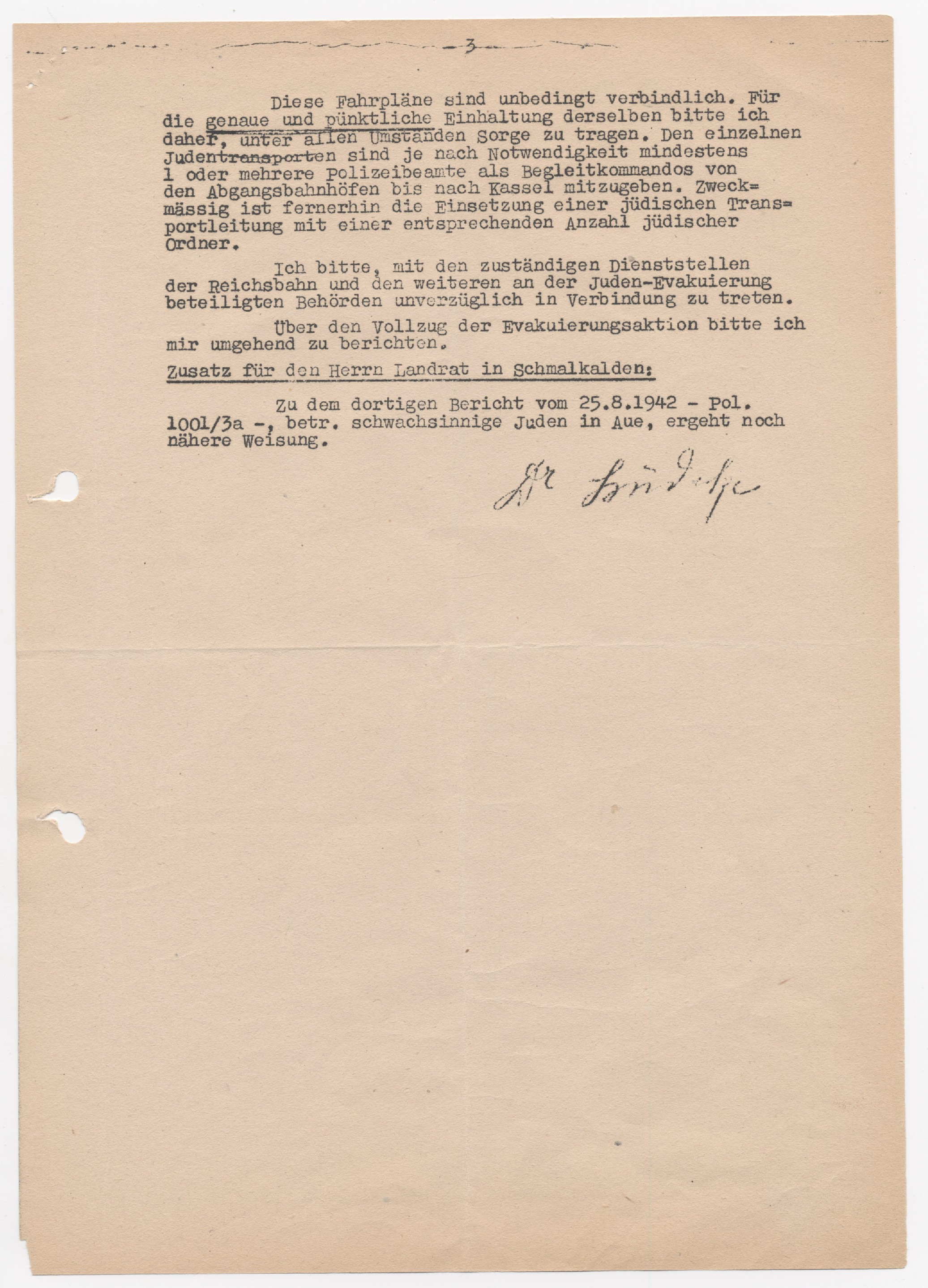Schreiben des Marburger Landrates an den Marburger Bürgermeister, betreffend der letzten Judenevakuierung, Marburg 28.08.1942
