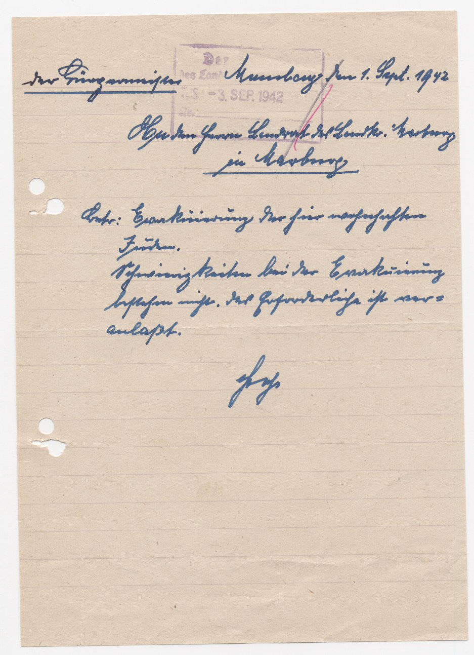 Schreiben des Momberger Bürgermeisters an den Marburger Landrat, bezüglich der letzten Judendeportation, Marbach 1.9.1942