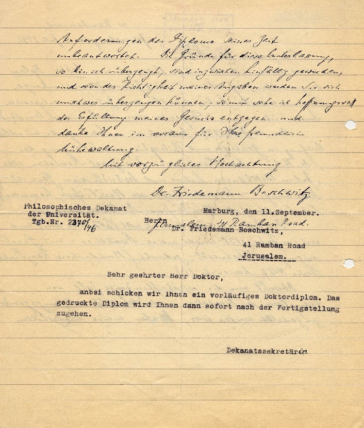 Bild zum Dokument Dr. Friedemann Boschwitz an den Dekan der Philipps-Universität
