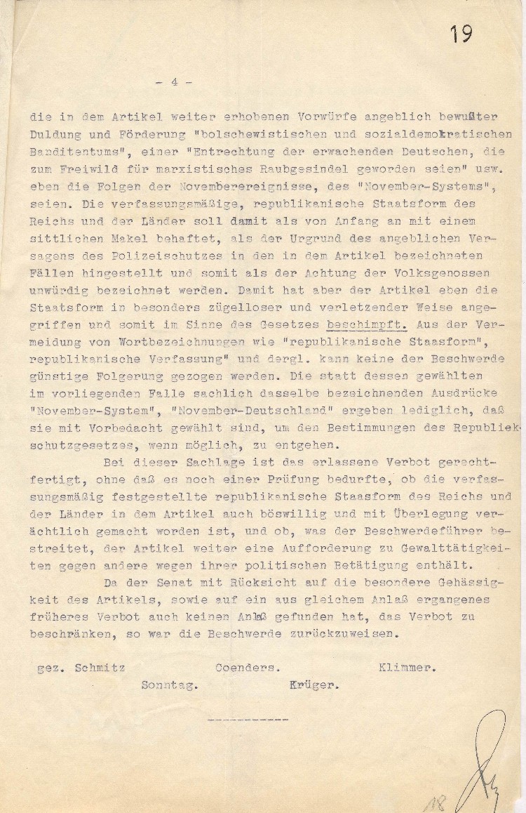 Beschluß des Reichsgerichts, 4. Strafsenat, Leipzig vom 8. Januar 1931 betreffend Verbot der nationalsozialistischen Tageszeitungen „Rheinwacht“ und „Frankfurter Volkswacht“