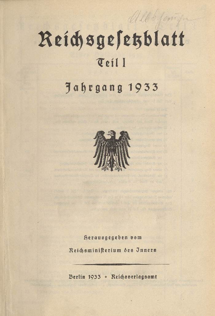 Bild zum Dokument Reichgesetzblatt Teil 1, Jahrgang 1933