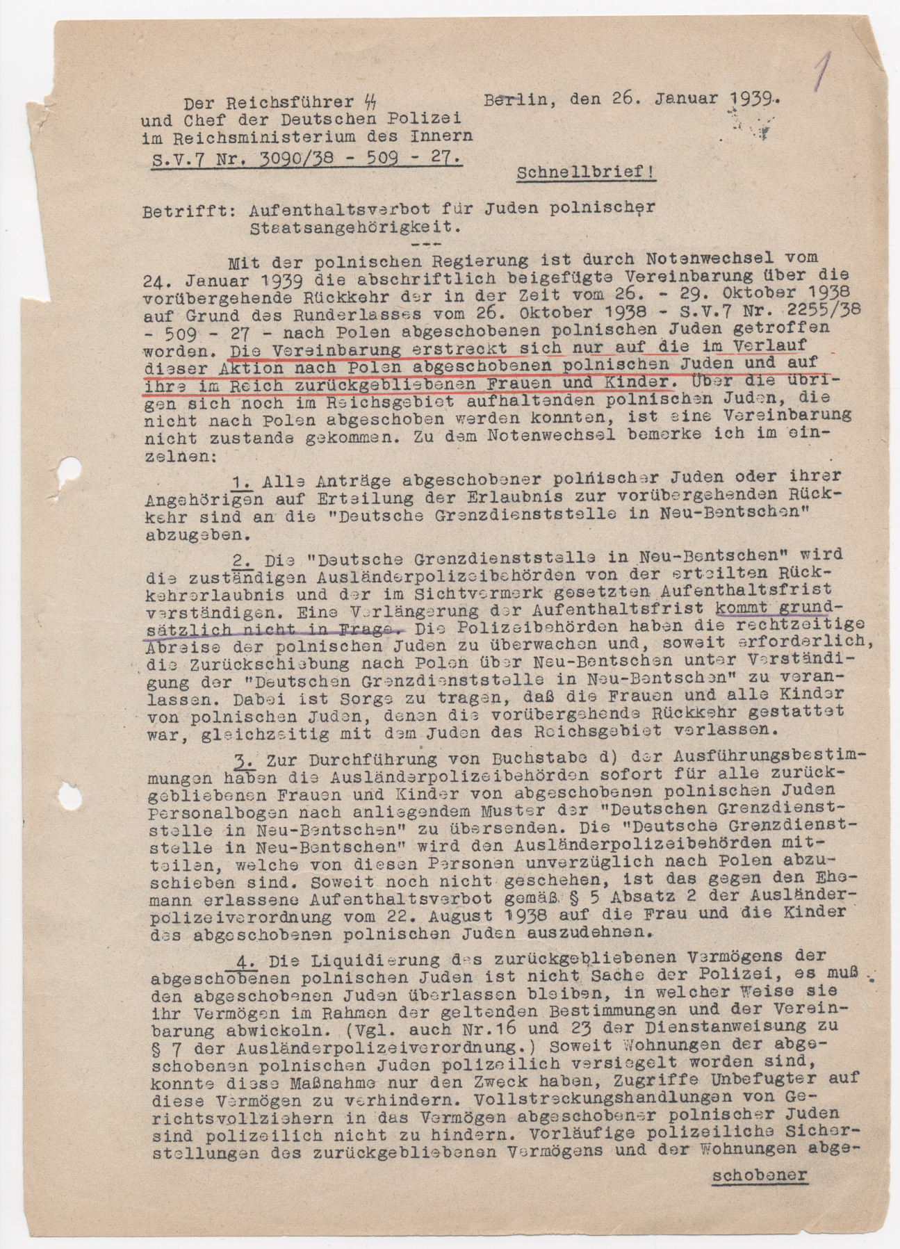 Briefabschriften, bezüglich des Aufenthaltsverbotes für Juden polnischer Staatsangehörigkeit