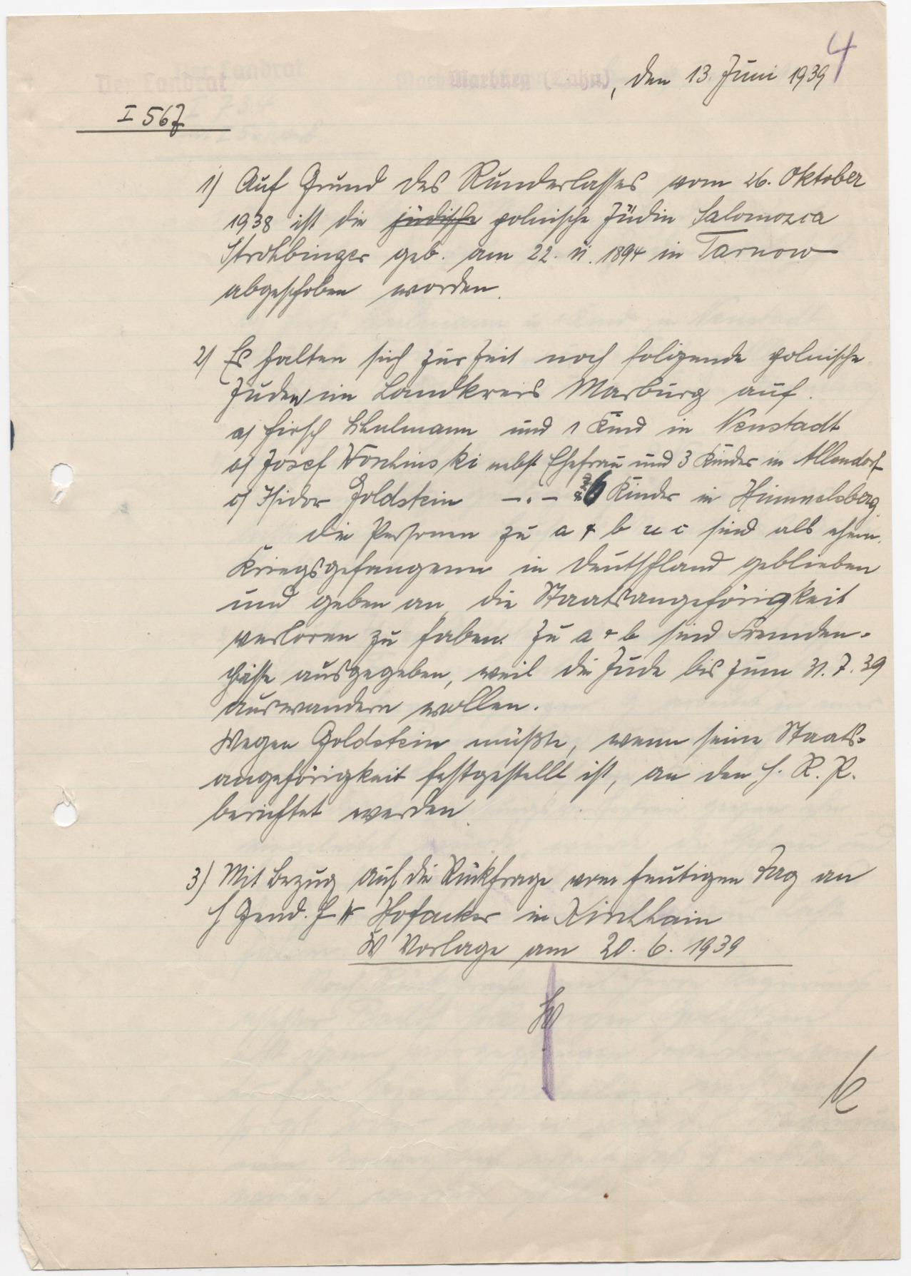 Abschiebungsliste der polnischen Juden des Landkreises Marburg, 19.07.1939