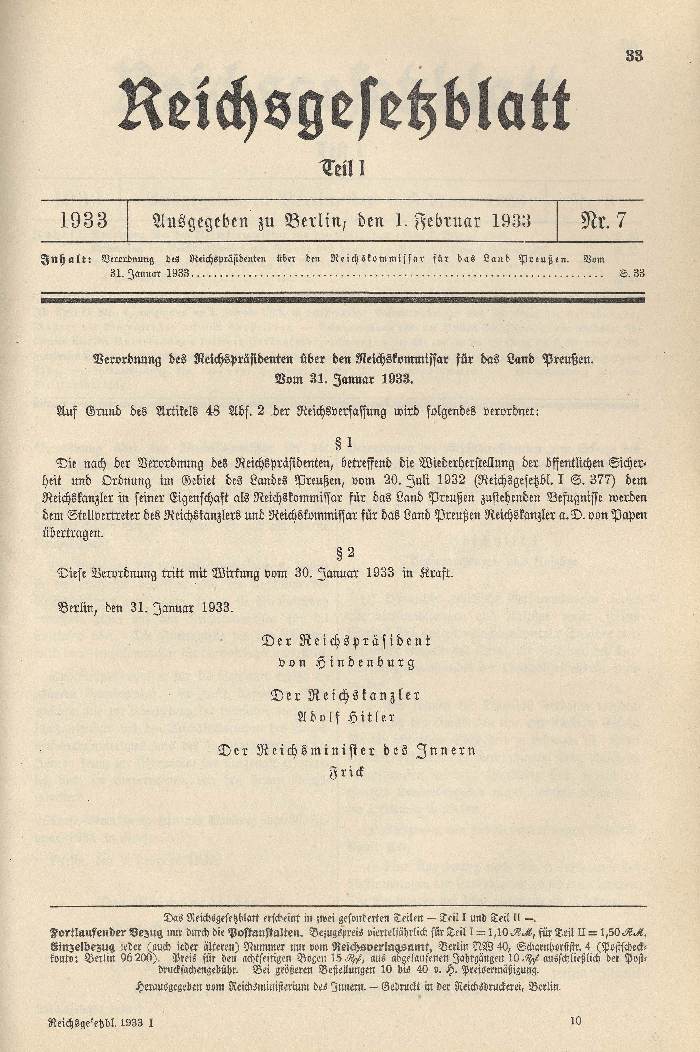Bild zum Dokument Verordnung des Reichspräsidenten über den Reichskomissar für d