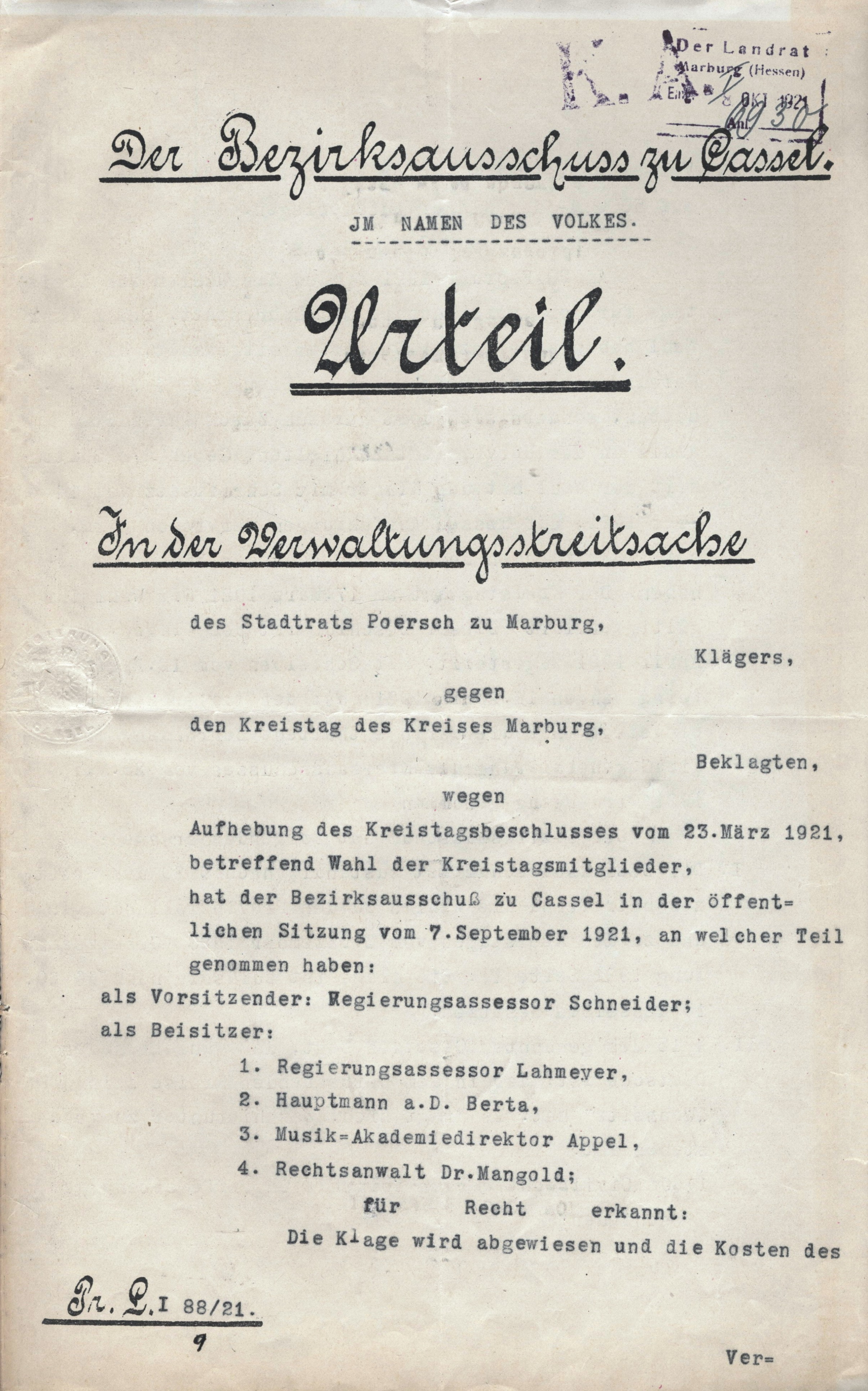 Urteil wegen des Kreisbeschlusses betreffend Wahl der Kreistagsmitglieder vom 11. Oktober 1921