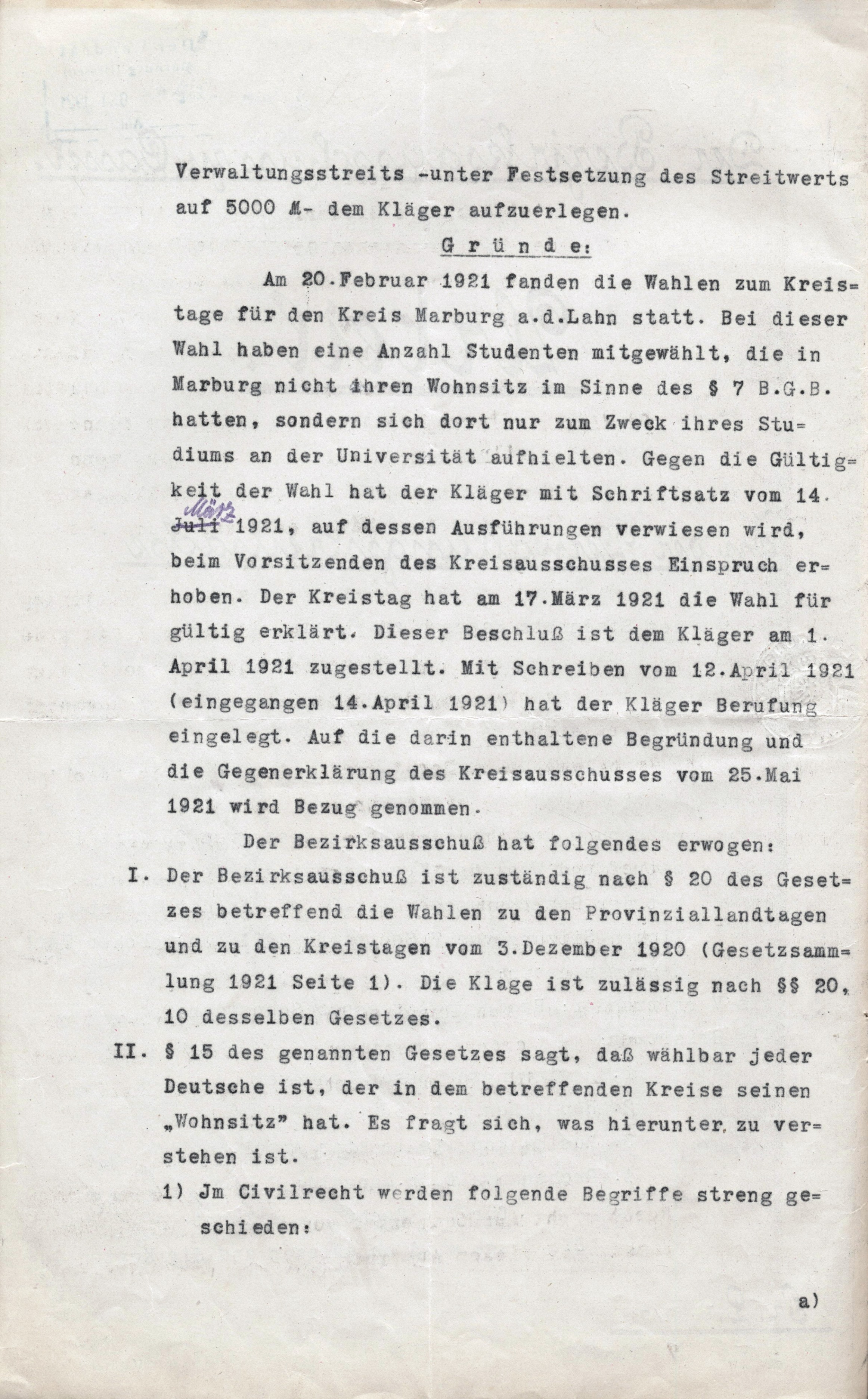 Urteil wegen des Kreisbeschlusses betreffend Wahl der Kreistagsmitglieder vom 11. Oktober 1921