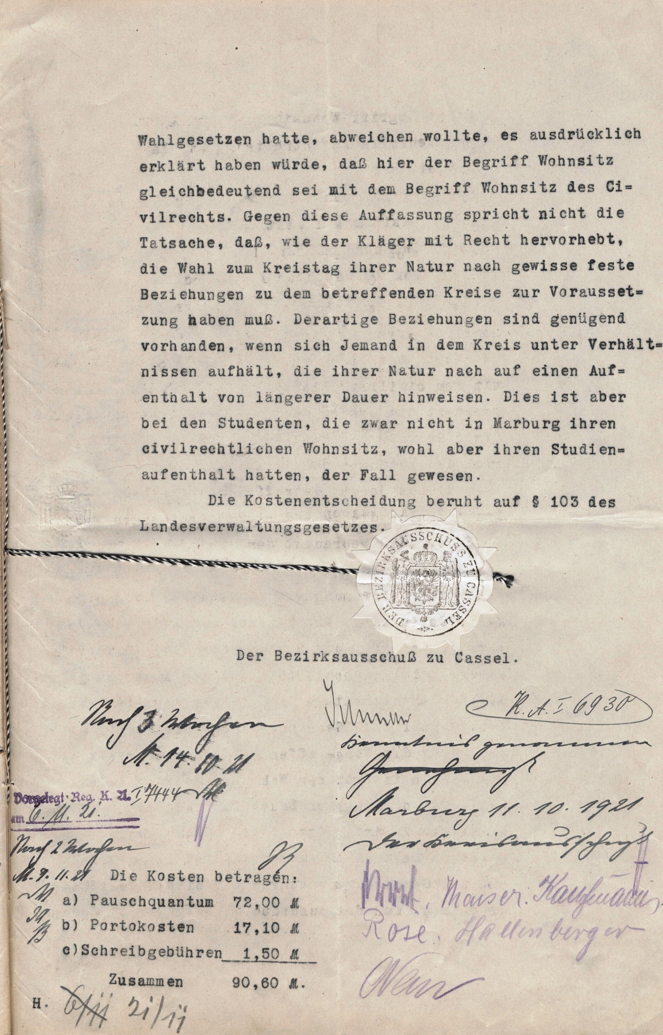 Urteil wegen des Kreisbeschlusses betreffend Wahl der Kreistagsmitglieder vom 11. Oktober 1921