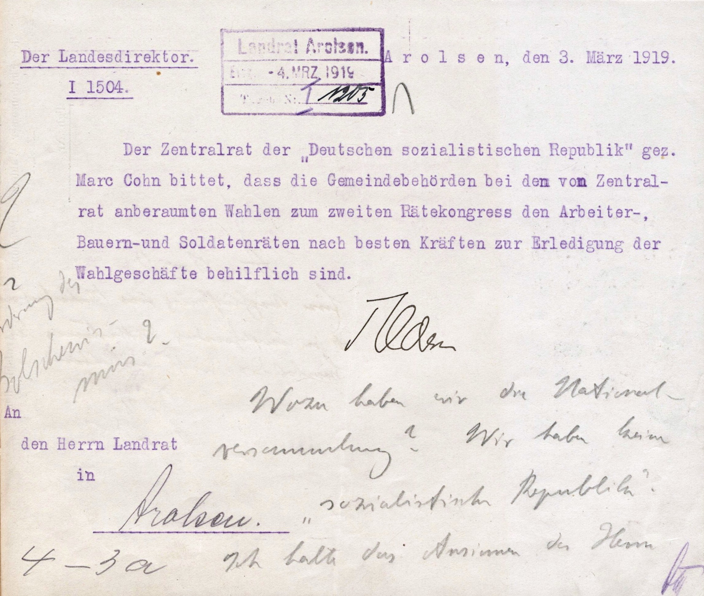 Wahlhelferaufruf vom 3. März 1919