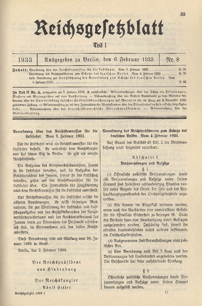 Bild zum Dokument Verordnung des Reichspräsidenten zum Schutze des deutschen Vol