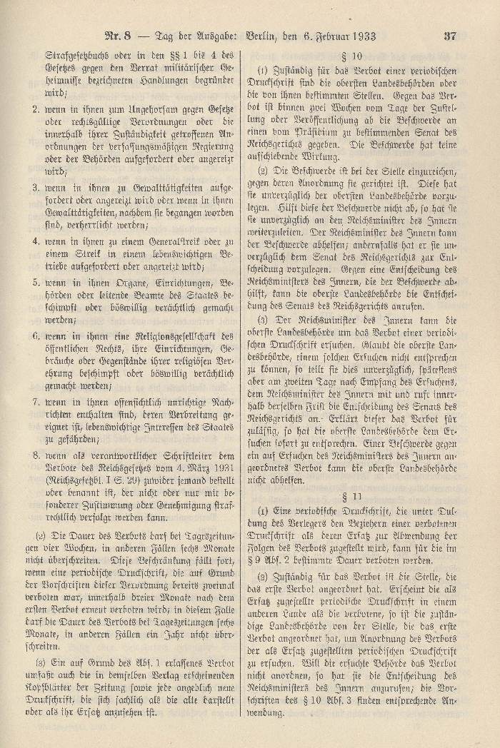 Bild zum Dokument Verordnung des Reichspräsidenten zum Schutze des deutschen Vol