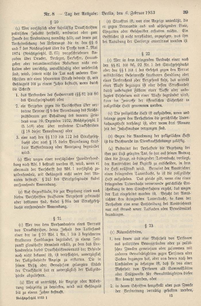 Bild zum Dokument Verordnung des Reichspräsidenten zum Schutze des deutschen Vol