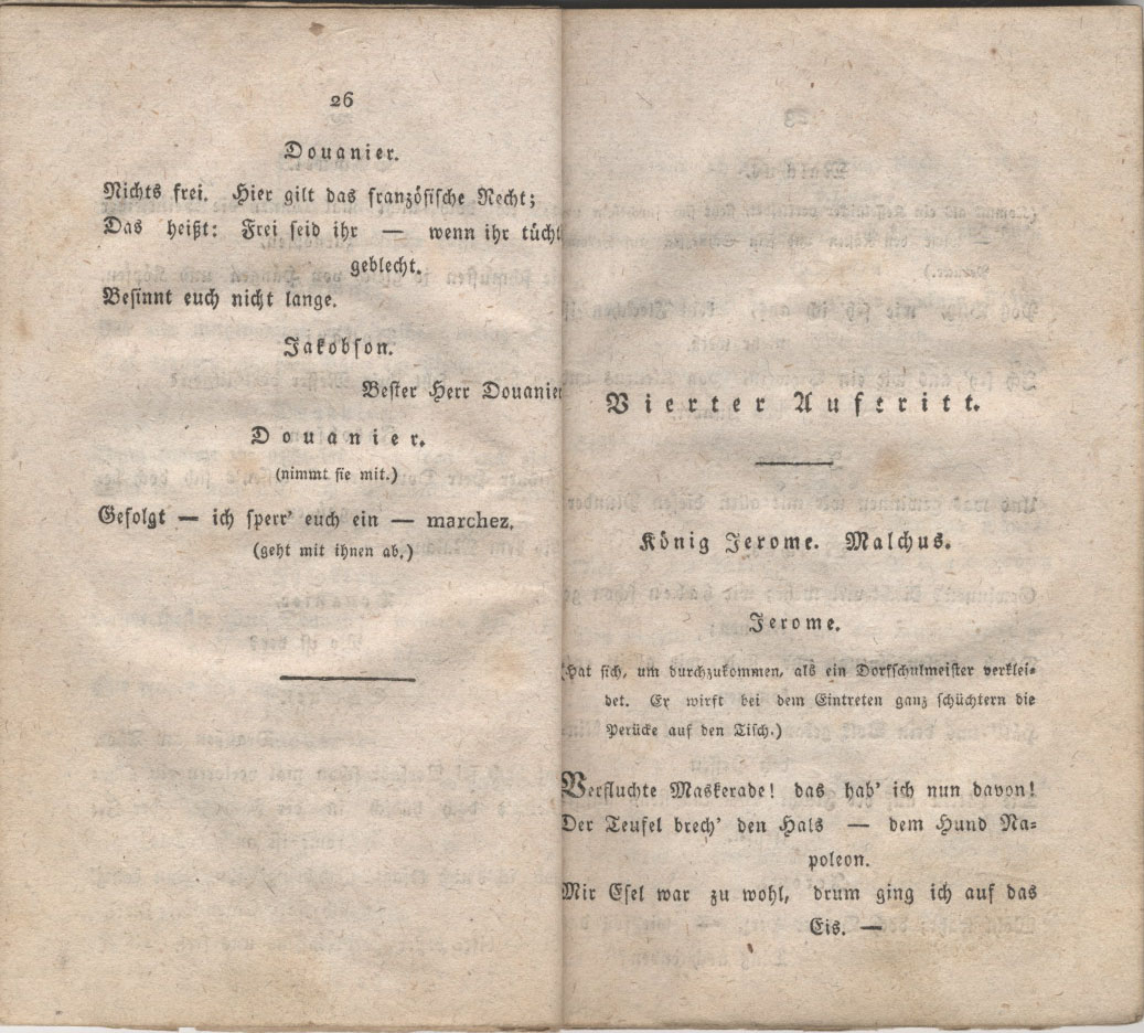Autzüge aus "Die Königsflucht", einem Spotttheaterstück über das Ende des Königreichs Westphalen, verfasst im Jahre 1814.