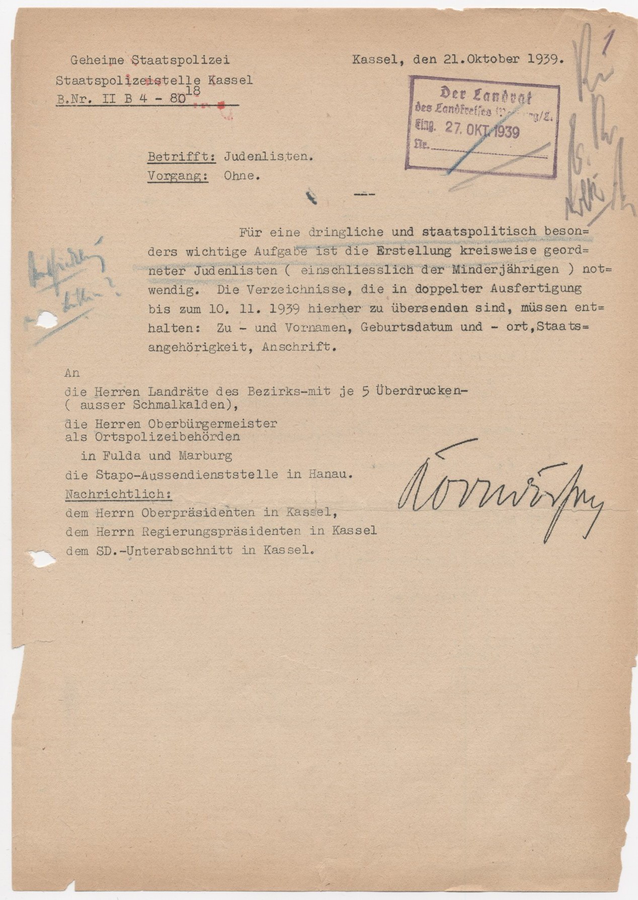 Schreiben der Geheimen Staatspolizei Kassel, bezüglich der Anfertigung von Judenlisten, Kassel 21.10.1939