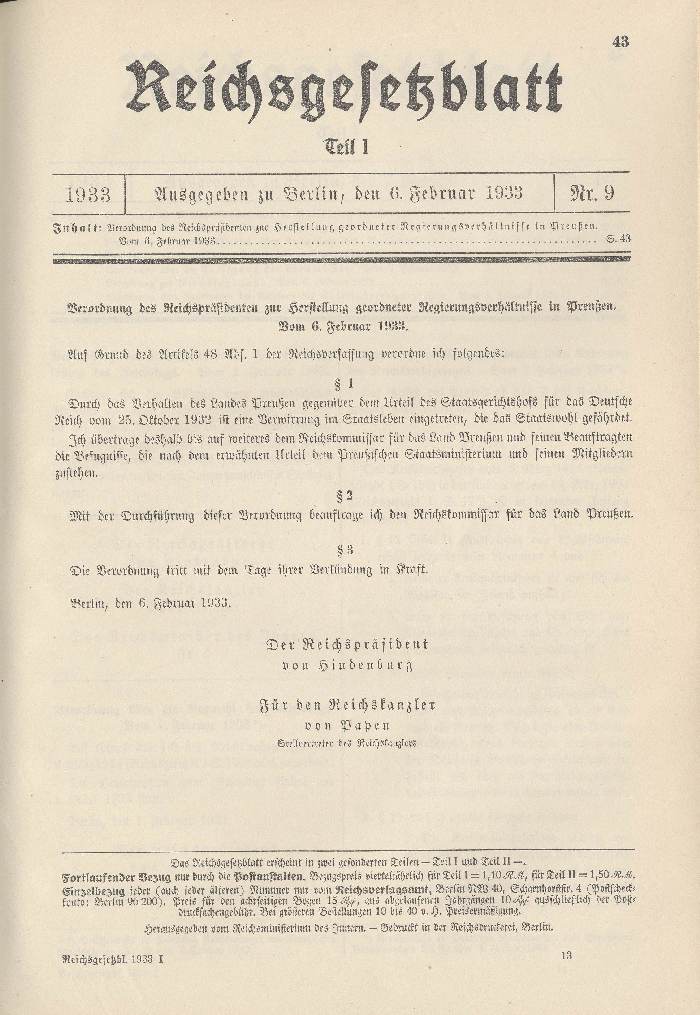 Bild zum Dokument Verordnung des Reichspräsidenten zur Herstellung geordneter Re