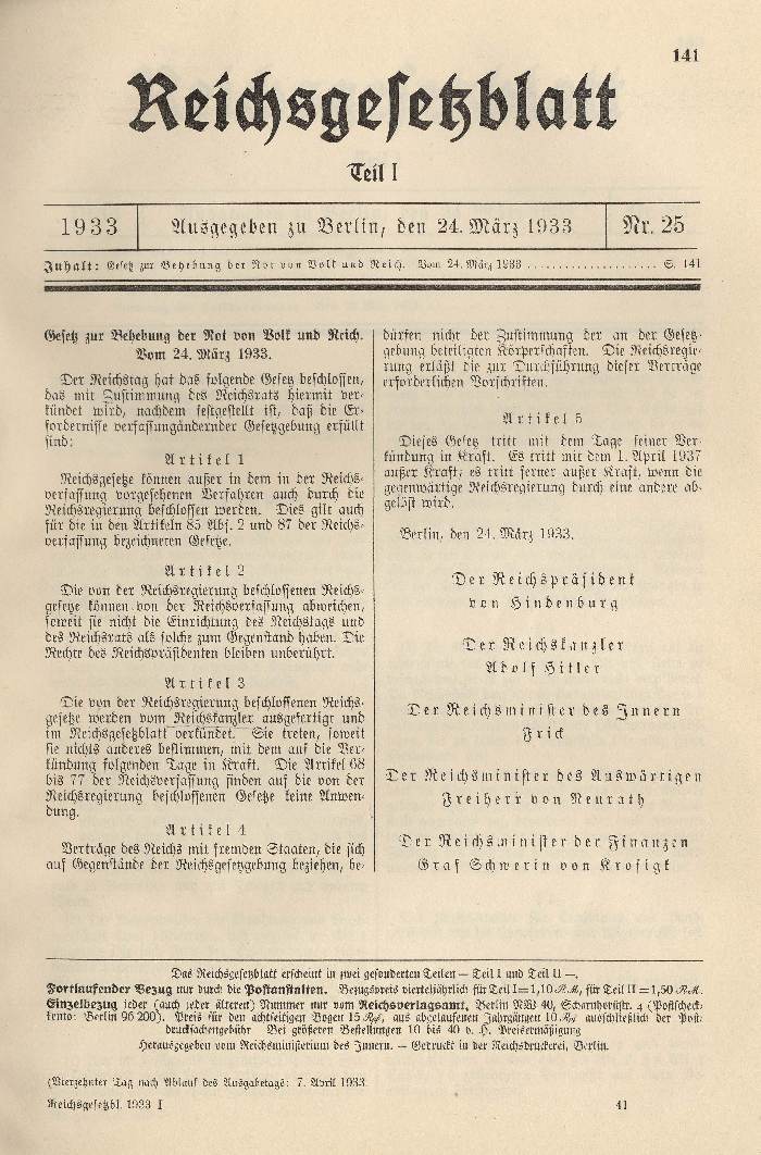 Bild zum Dokument Gesetz zur Behebung der Not von Volk und Reich