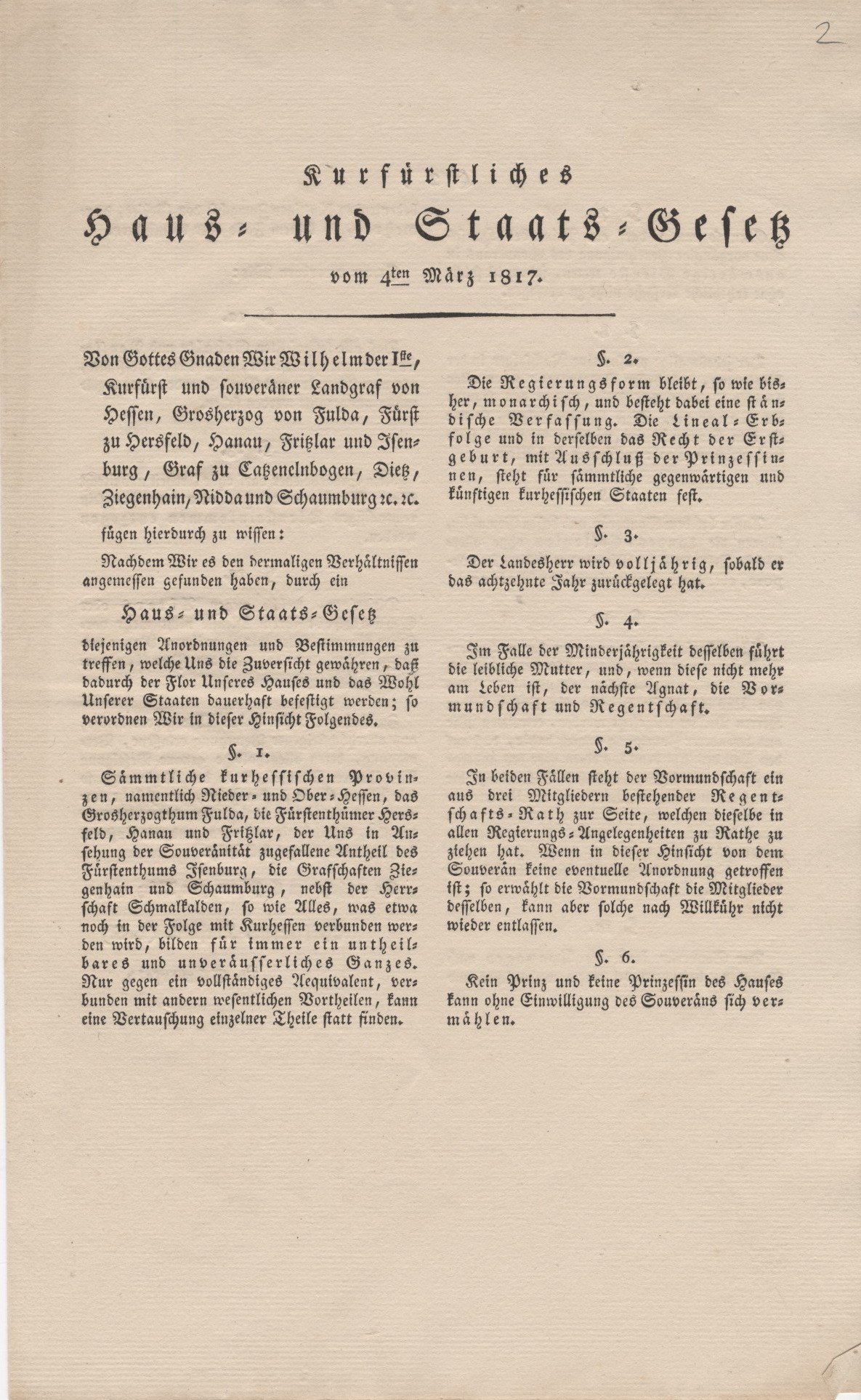 Kurhessisches Haus- und Staats- Gesetz, vom 4. März 1817.