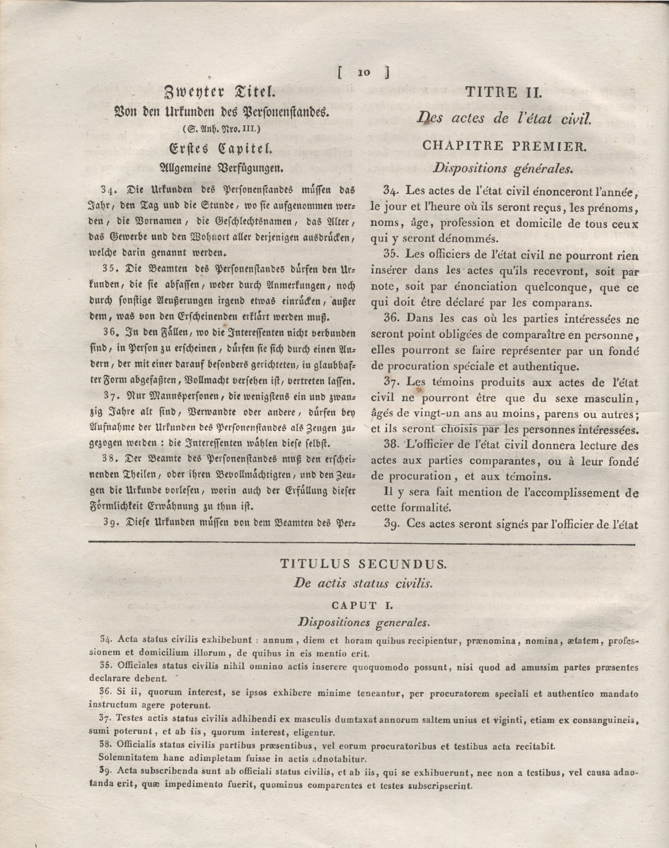 2. Auszug aus dem  Code Napoléon: Erstes Buch.  Von den Personen. Zweyter Titel. Von den Urkunden des Personenstandes. Erstes Kapitel. Allgemeine Verfügungen.