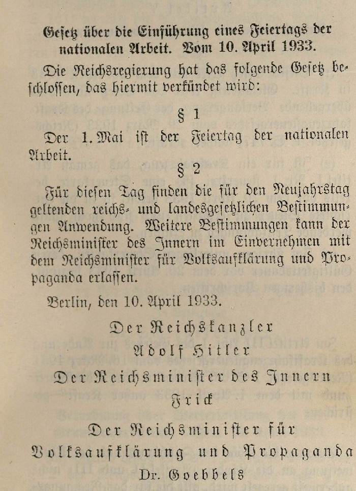 Bild zum Dokument Gesetz über die Einführung eines Feiertages der nationalen Arb