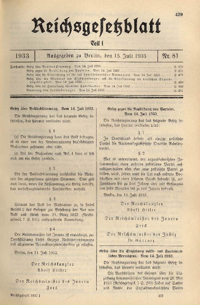 Bild zum Dokument Gesetz über Volksabstimmung (1), Gesetz gegen Neubildung von P