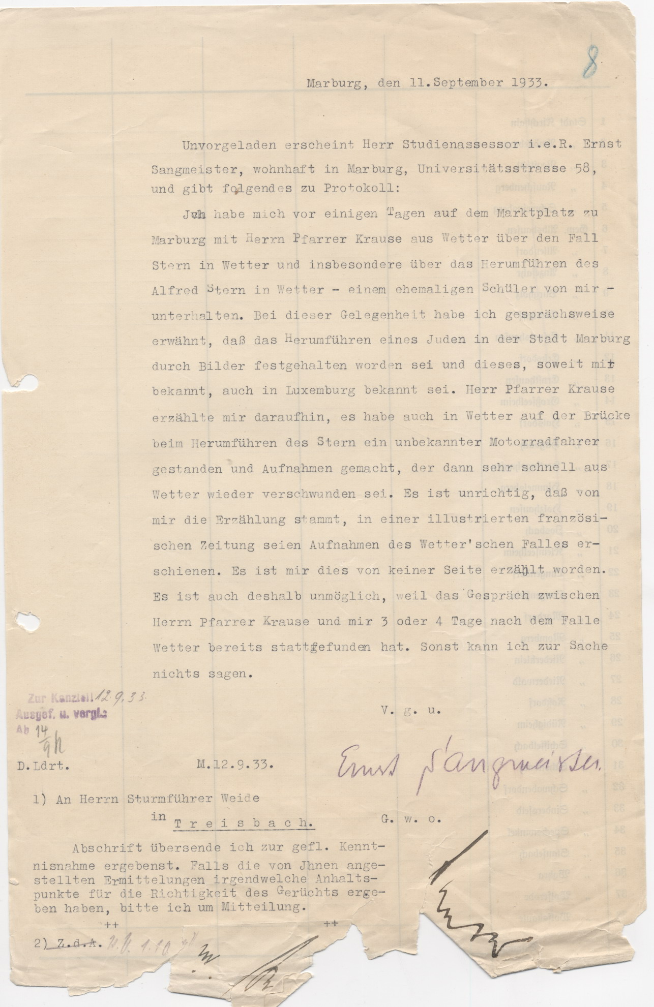 Aussageprotokoll des Studienassessors Ernst Sangmeister, bezüglich eines Gespräches über den Fall A. Stern, Marburg 11.09.1933