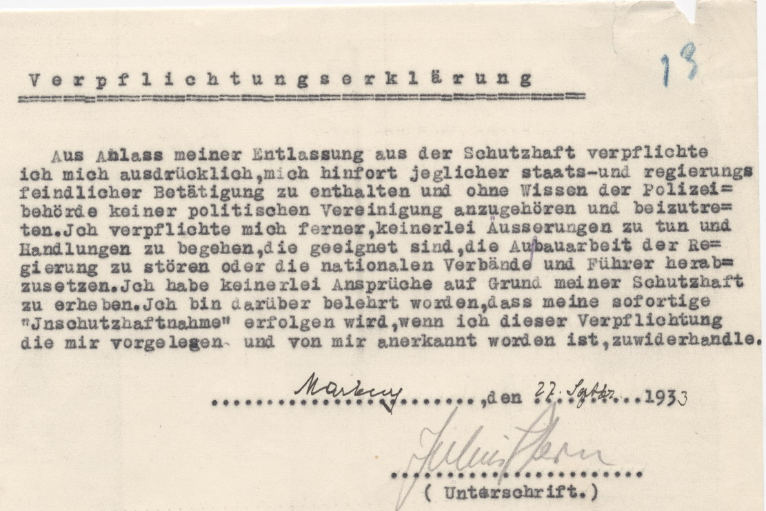 Verpflichtungserklärung Julius Sterns, anlässlich seiner Entlassung aus der Haft, Marburg 27.09.1933