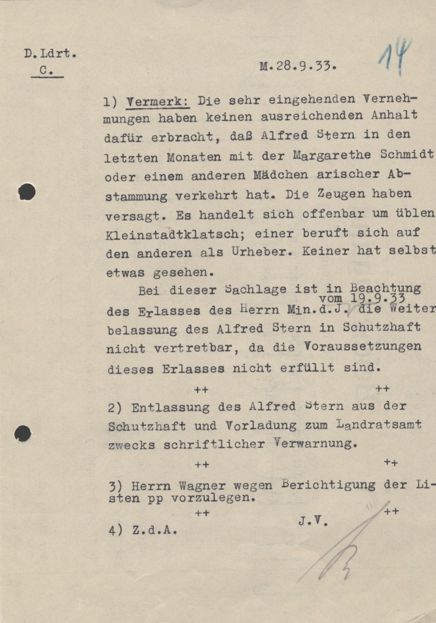 Vermerk des Marburger Landrates, bezüglich des Falls A. Stern und dessen Entlassung aus der Schutzhaft, Marburg 28.09.1933