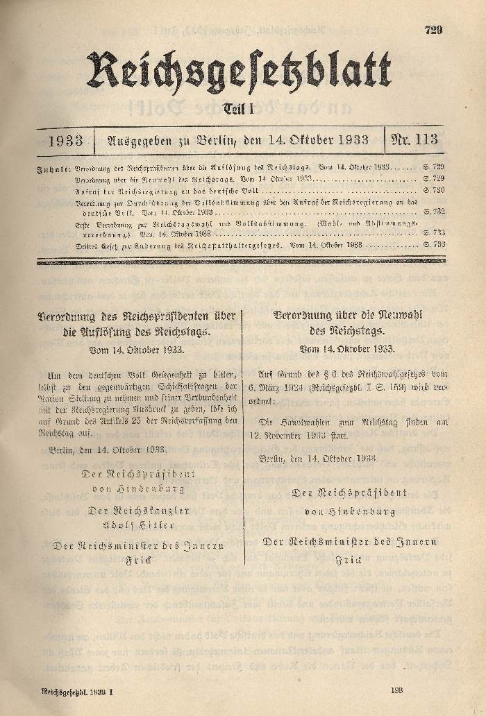 Bild zum Dokument Verordnung des Reichspräsidenten über die Auflösung bzw. die N