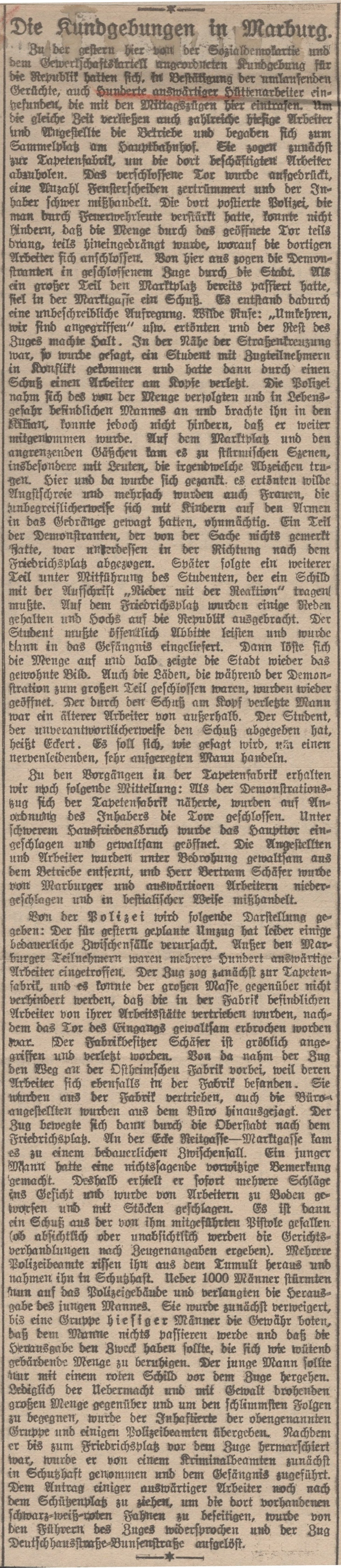Zeitungsbericht zur den Ausschreitungen in Marburg vom 05. Juli 1922