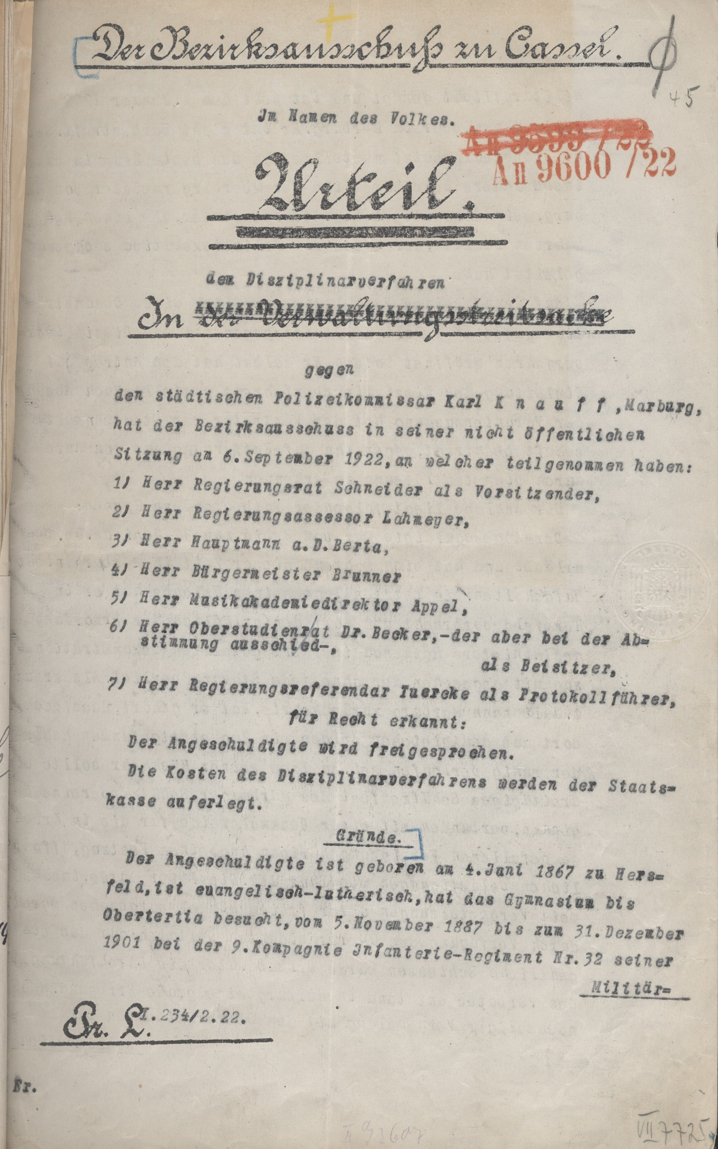 Urteil im Disziplinarverfahren gegen Polizeikommissar Karl Knauff vom 6. September 1922