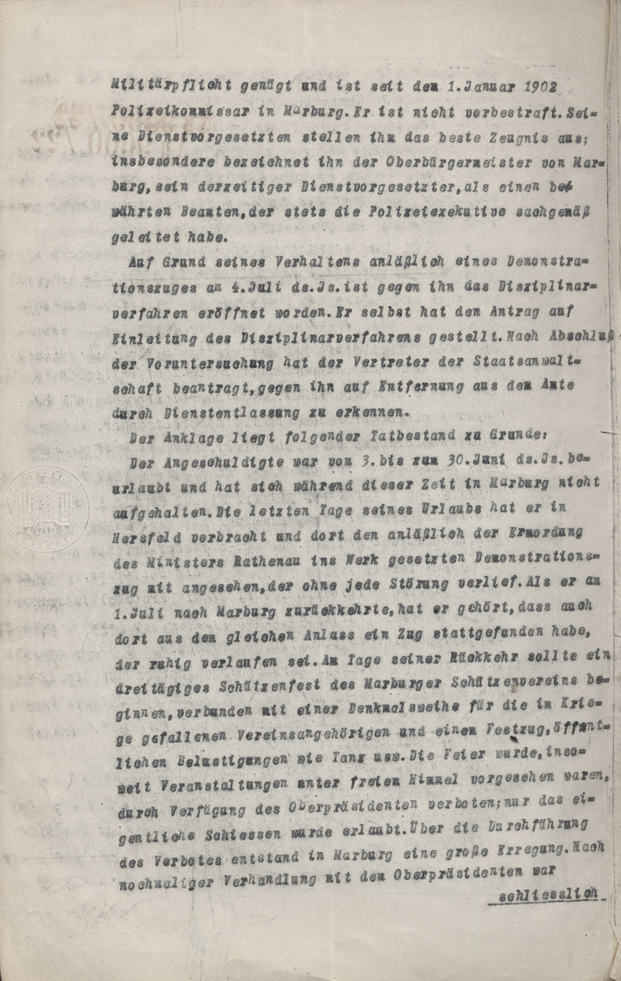 Urteil im Disziplinarverfahren gegen Polizeikommissar Karl Knauff vom 6. September 1922