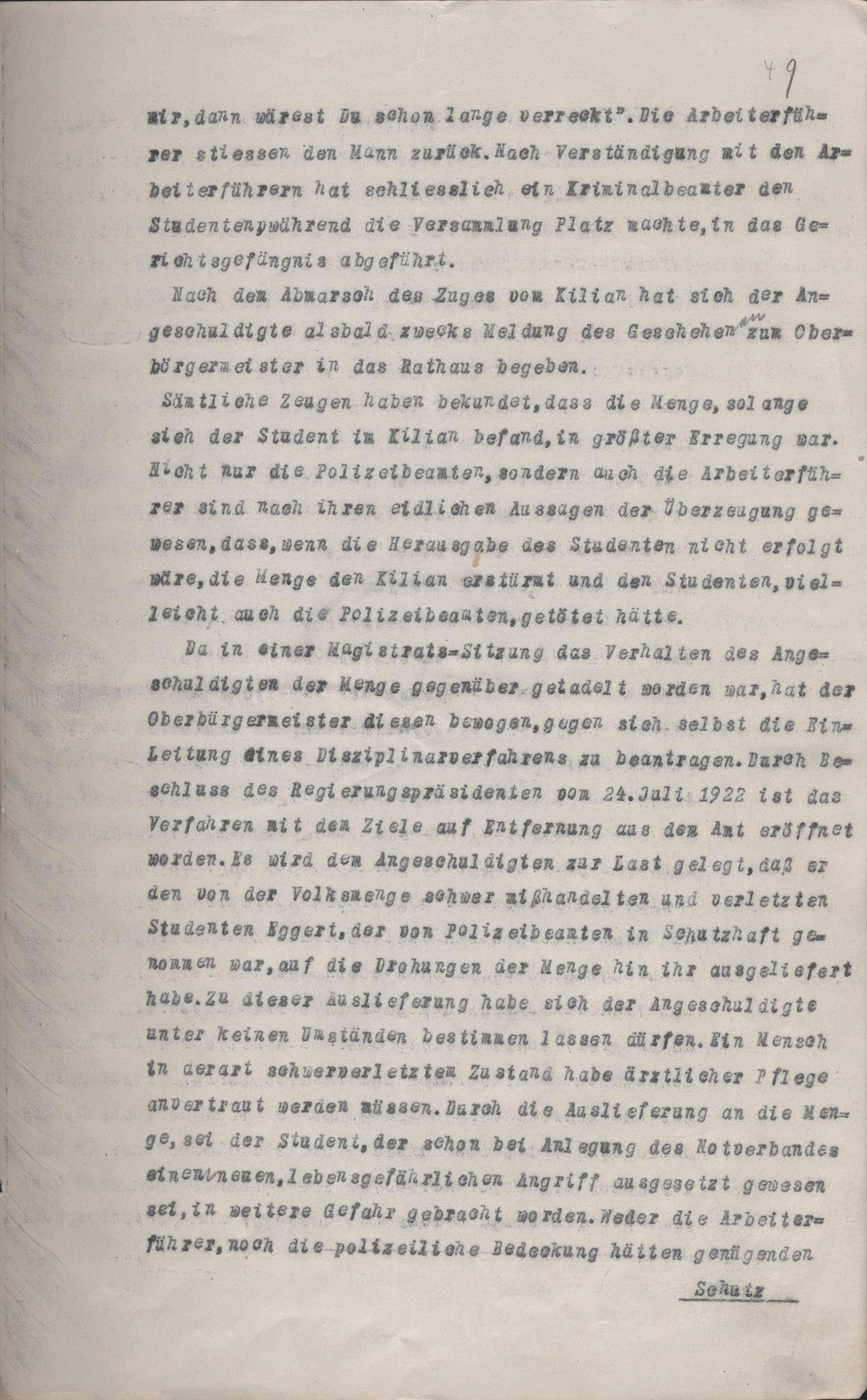 Urteil im Disziplinarverfahren gegen Polizeikommissar Karl Knauff vom 6. September 1922