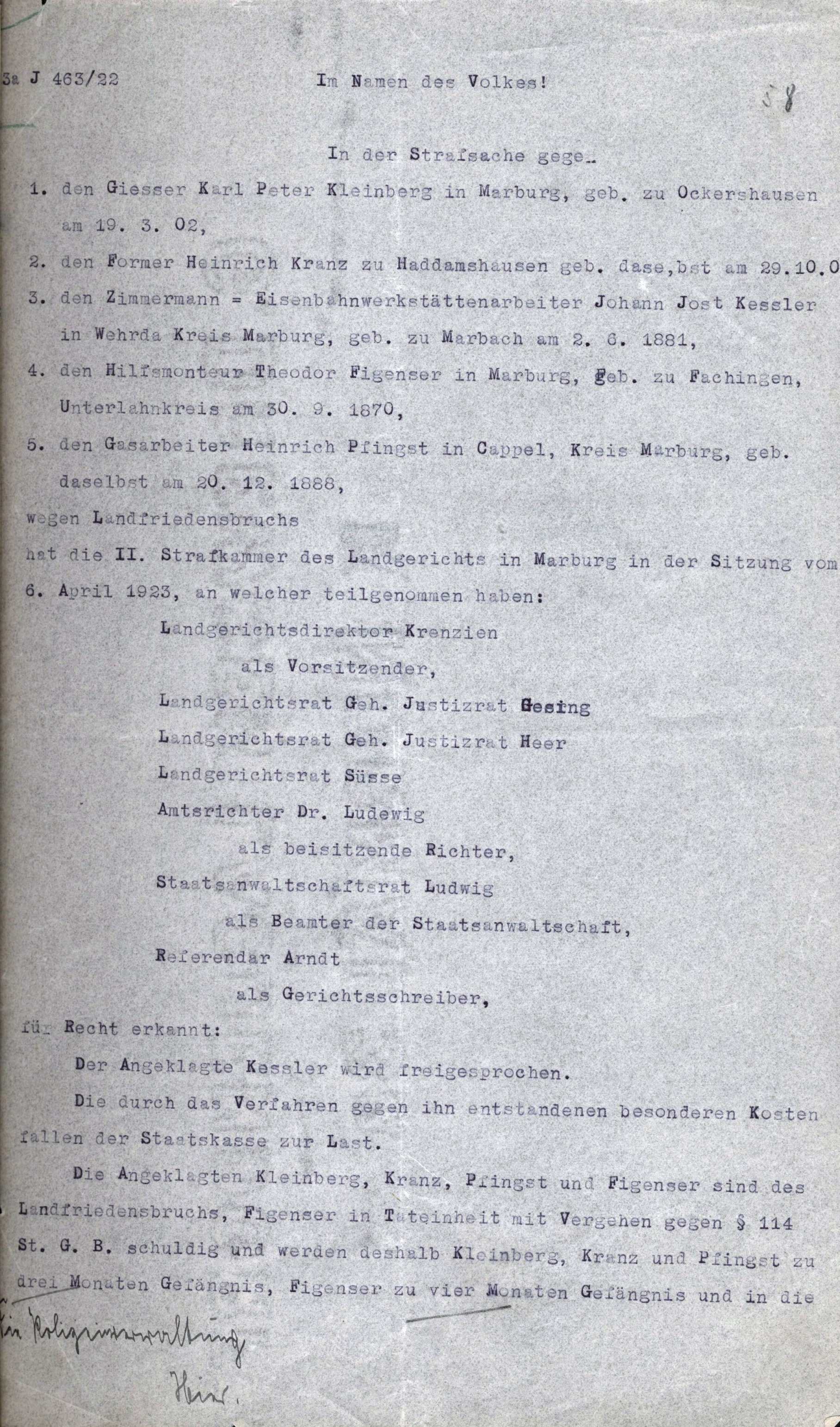 Verurteilung wegen Landfriedensbruchs vom 6. April 1923