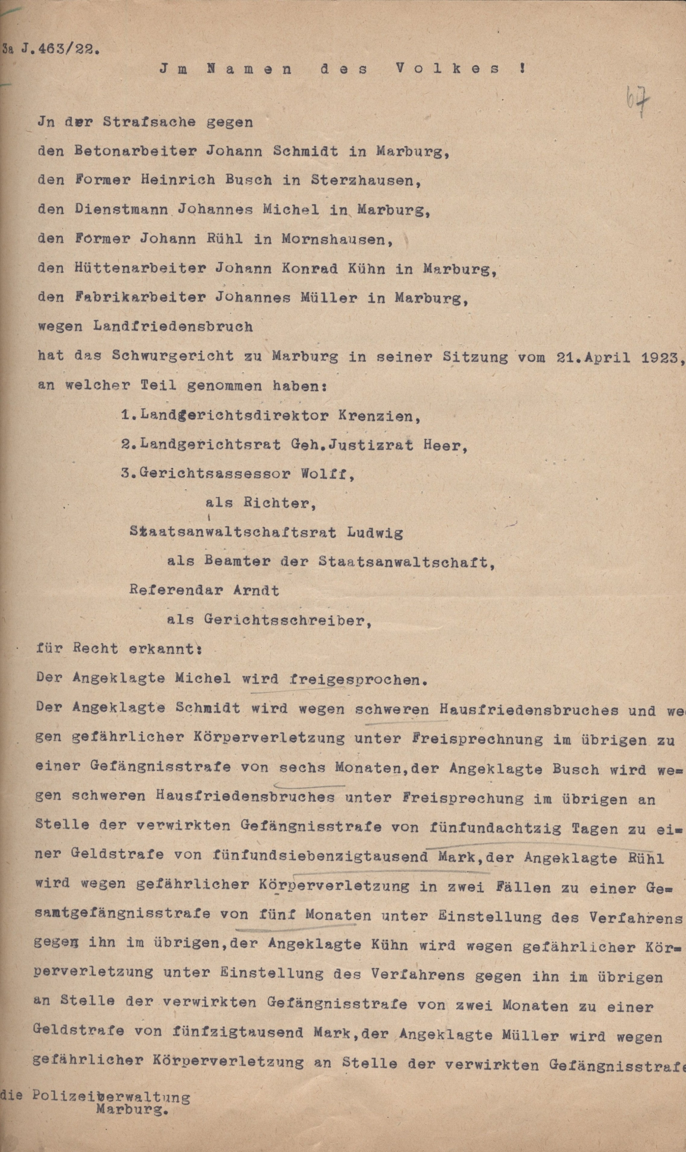 Verurteilungen wegen Landfriedensbruch vom 23. April 1922